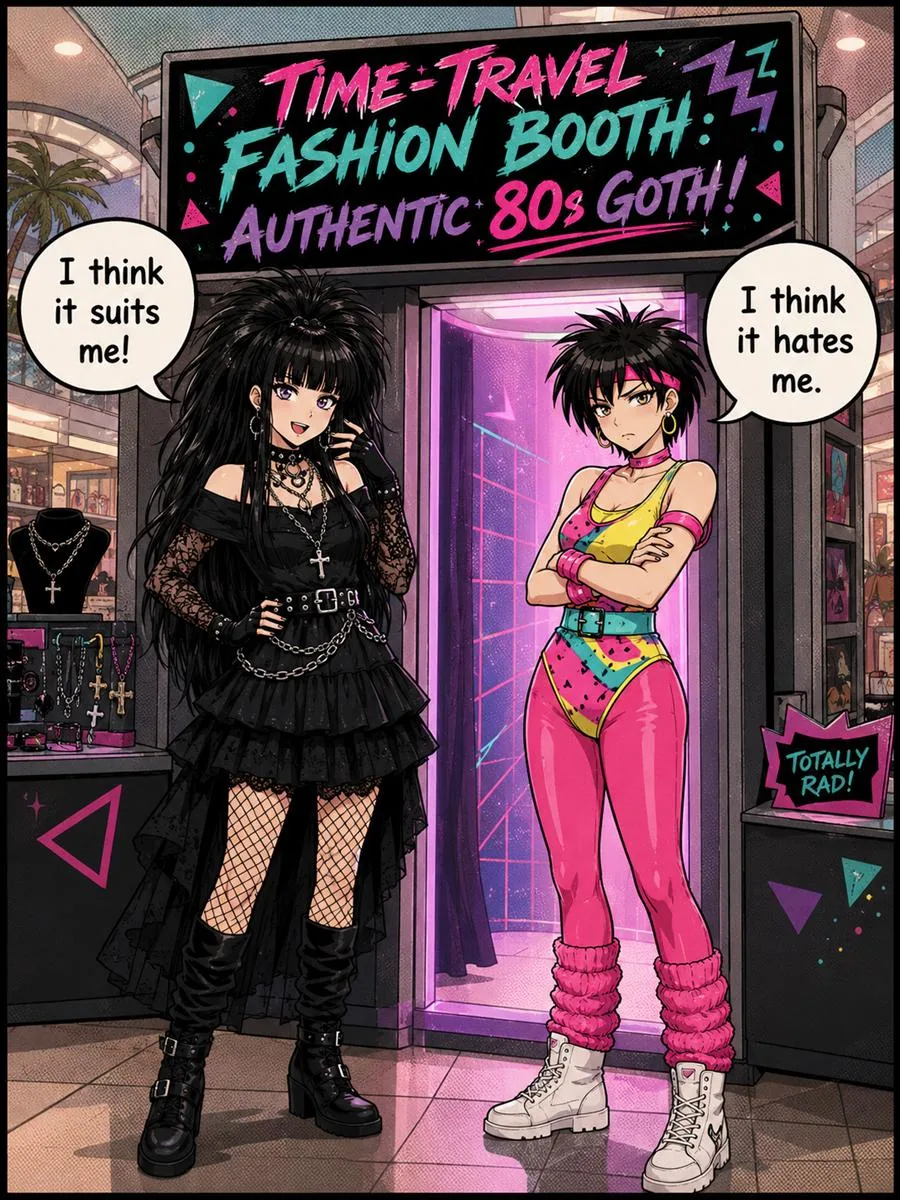 80s Goth Fashion Booth comic showing two women at a neon fashion booth in a shopping mall