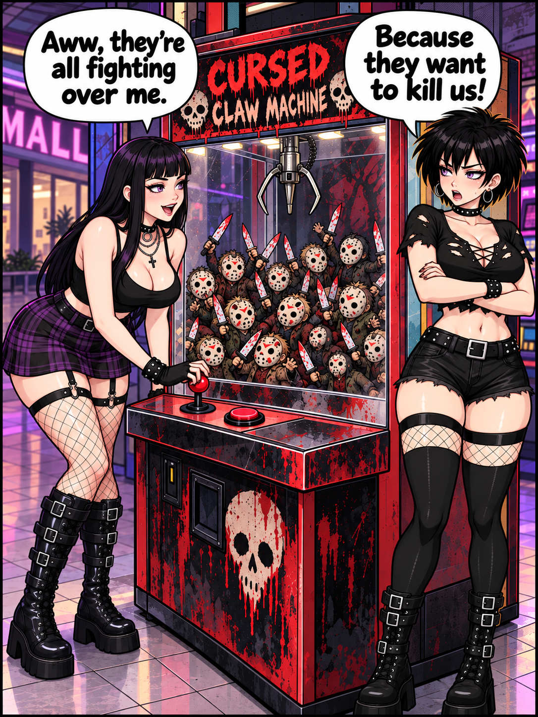 Two anime goth girls at a red and black claw machine labeled Cursed Claw Machine filled with small hockey-masked figures holding bloody knives. The long-haired girl smiles and says they're fighting over her; the short-haired girl replies that they want to kill them.