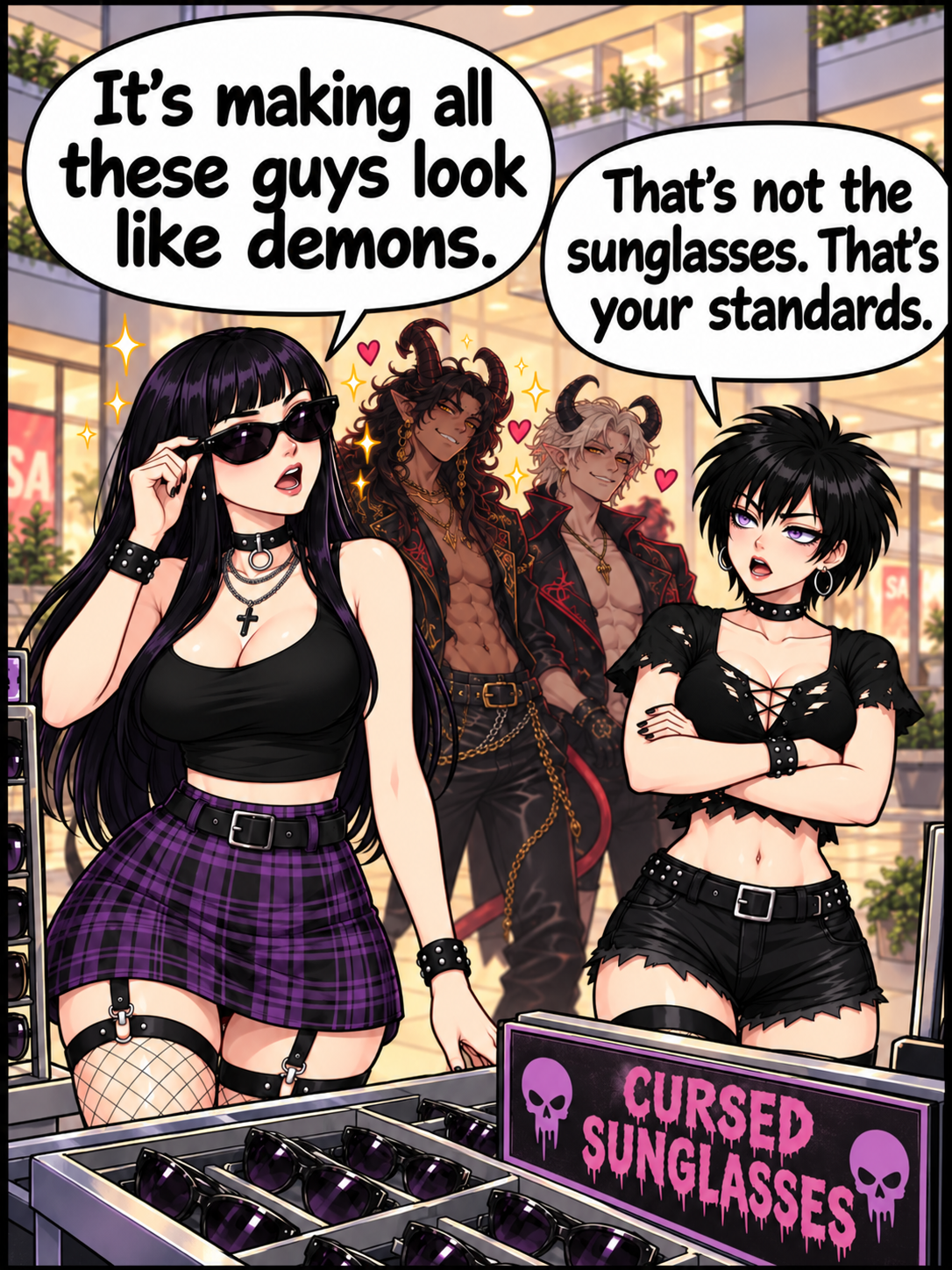 Raven in sunglasses at a 'Cursed Sunglasses' mall kiosk while Suzie says the demons aren't the glasses, they're her standards