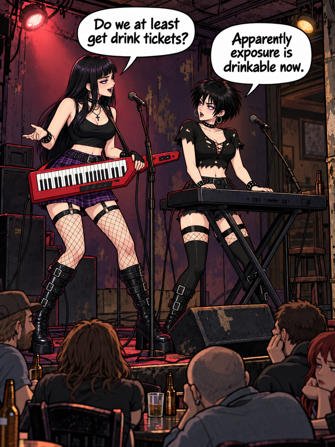 Single-panel goth comic: long-haired goth girl Raven with a red keytar and short-haired goth girl Suzie at a keyboard perform on a dingy bar stage under red stage lights; speech bubbles read 'Do we at least get drink tickets?' and 'Apparently exposure is drinkable now.' A small bar crowd watches from tables in the foreground.