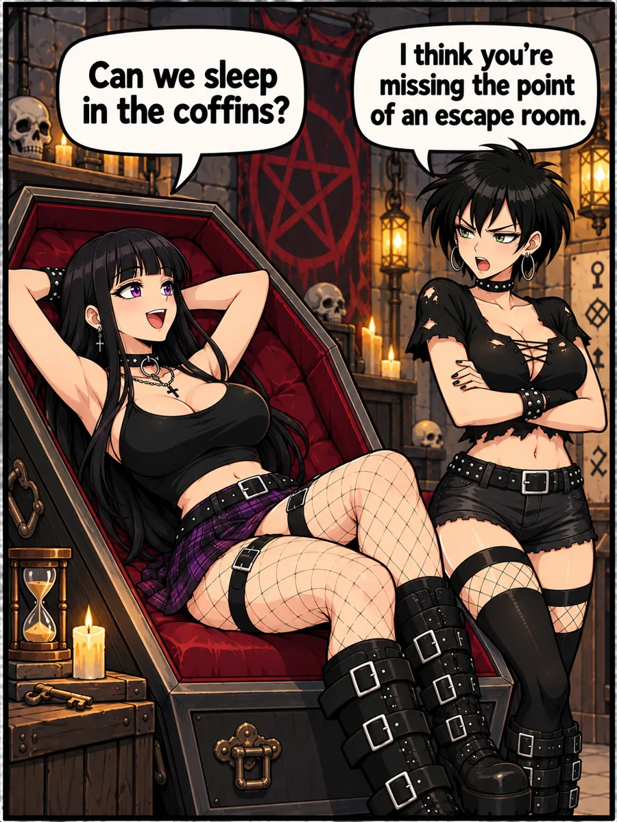 Goth comic artwork of two girls in a dungeon-like escape room: a long-haired girl lounges happily inside an open coffin while a short-haired girl stands beside it with crossed arms, a red pentagram banner, skulls, and candles behind them.