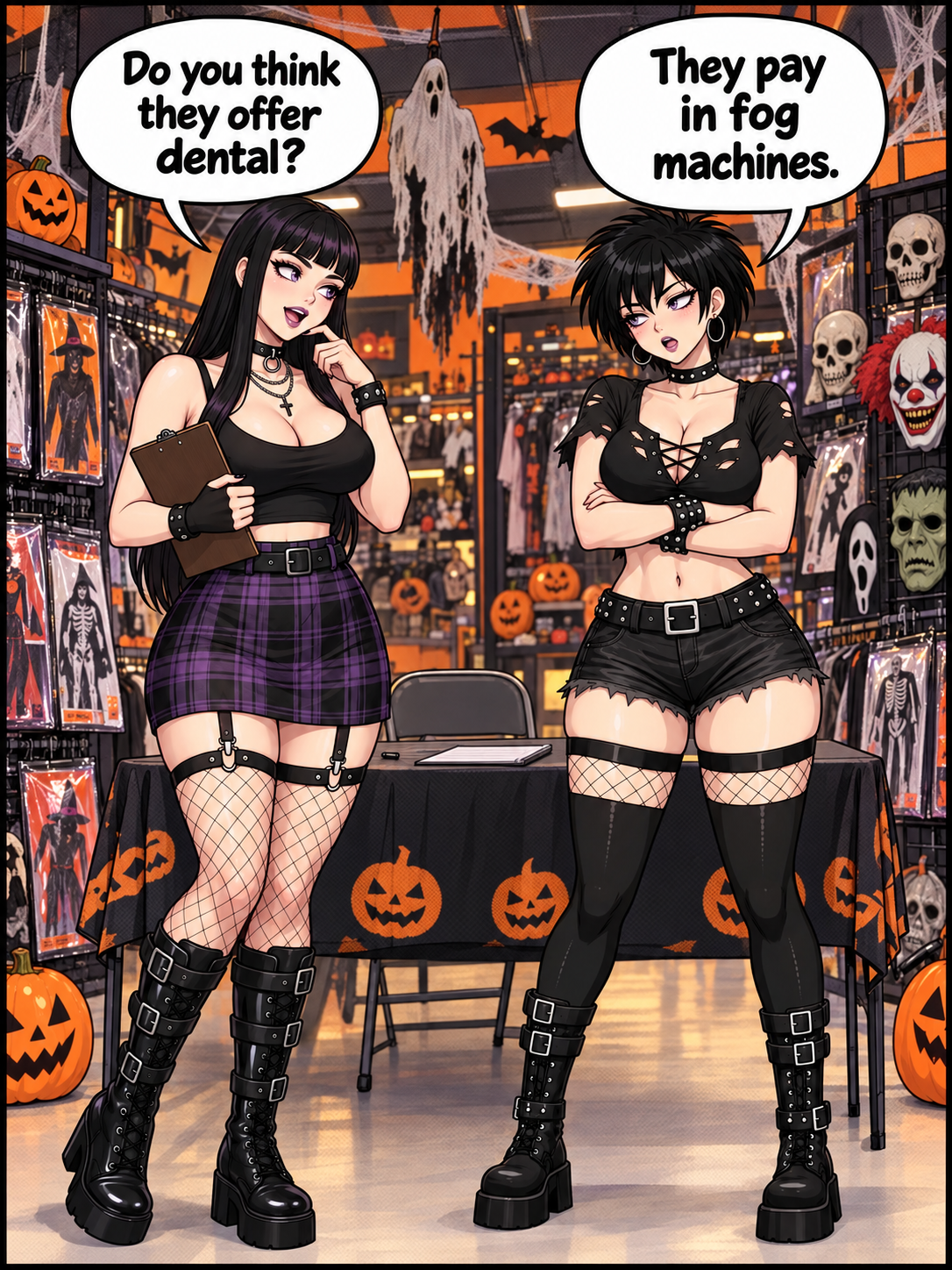Two goth anime-style women standing in a Halloween costume store. The long-haired one holds a clipboard and asks if they offer dental. The short-haired one replies that they pay in fog machines.
