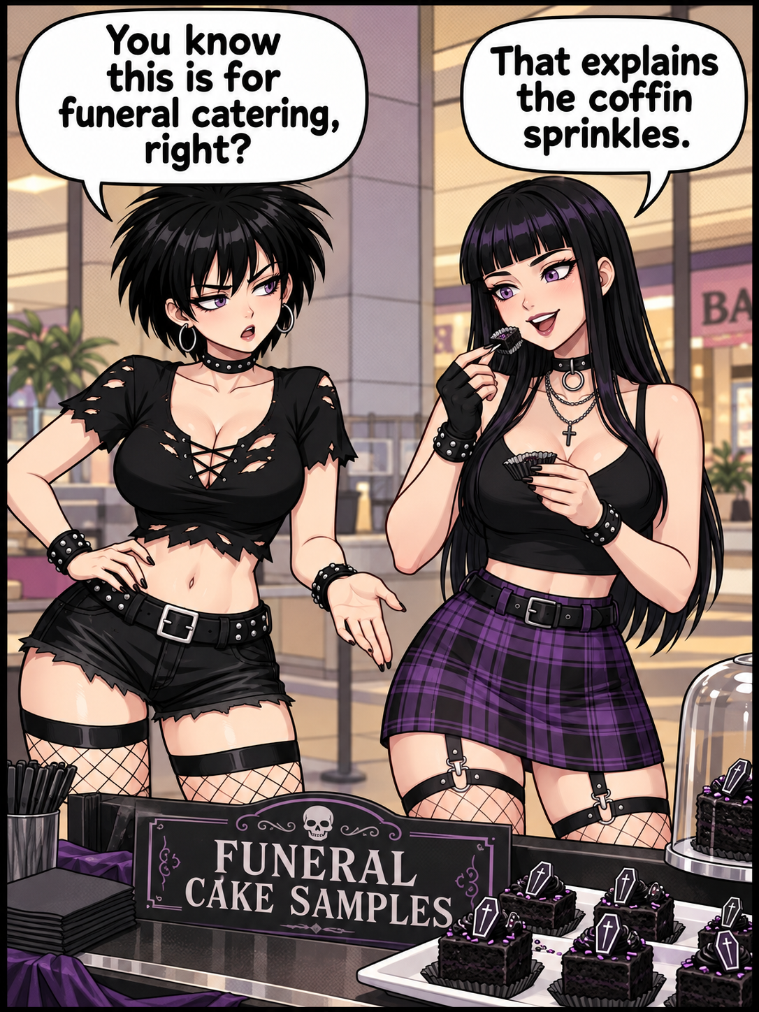 Two goth girls at a mall kiosk labeled Funeral Cake Samples; one eats a miniature coffin-shaped chocolate cake while the other gestures at the display.