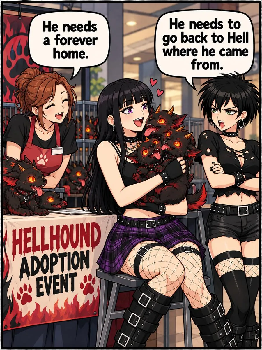 Hellhound Adoption Event comic showing a black-haired goth woman holding a group of small horned hellhounds at a mall pet adoption booth