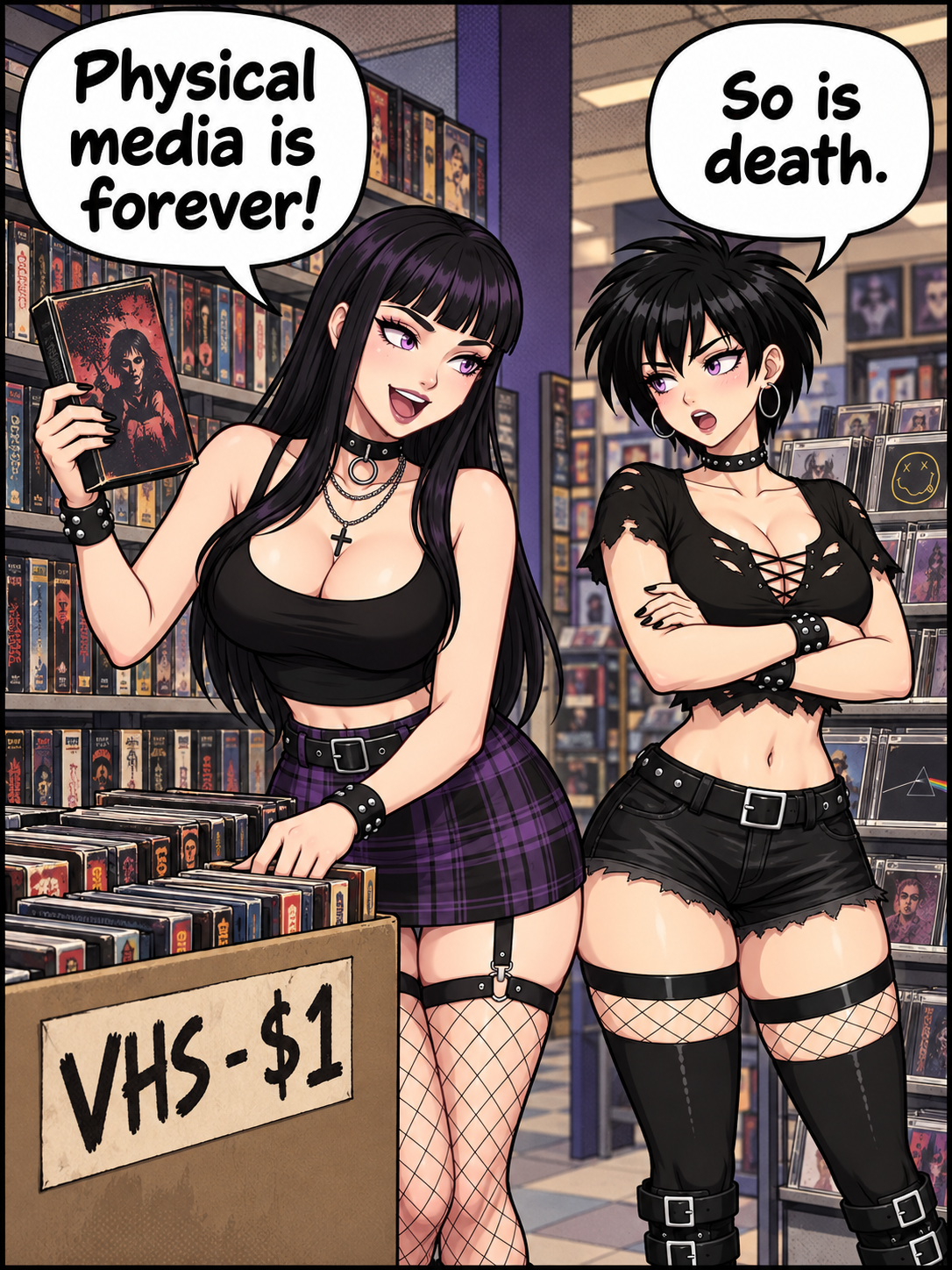 Two goth girls in a video store; the long-haired girl holds up a VHS tape beside a bin labeled VHS - $1 while the short-haired girl stands with crossed arms.