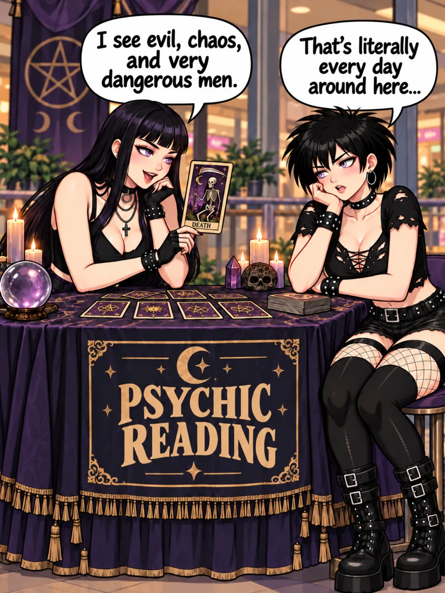 Two goth girls at a psychic reading booth in a mall; one holds a Death tarot card while the other listens skeptically