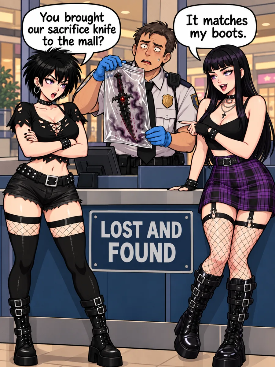 Anime-style comic: goth girls Suzie and Raven at a mall lost and found counter while a nervous security guard holds their occult sacrifice knife sealed in a plastic evidence bag.