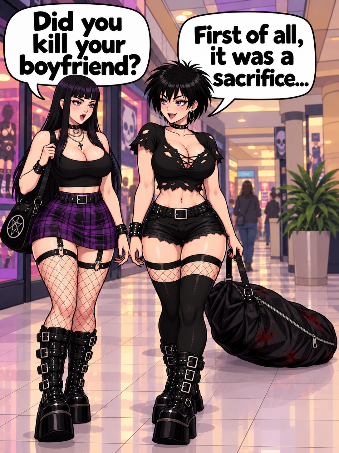 Two anime-style goth women walking through a shopping mall. The long-haired girl in a purple plaid skirt walks ahead; the short-haired girl behind her drags a bloody black duffel bag. Speech bubbles above them.