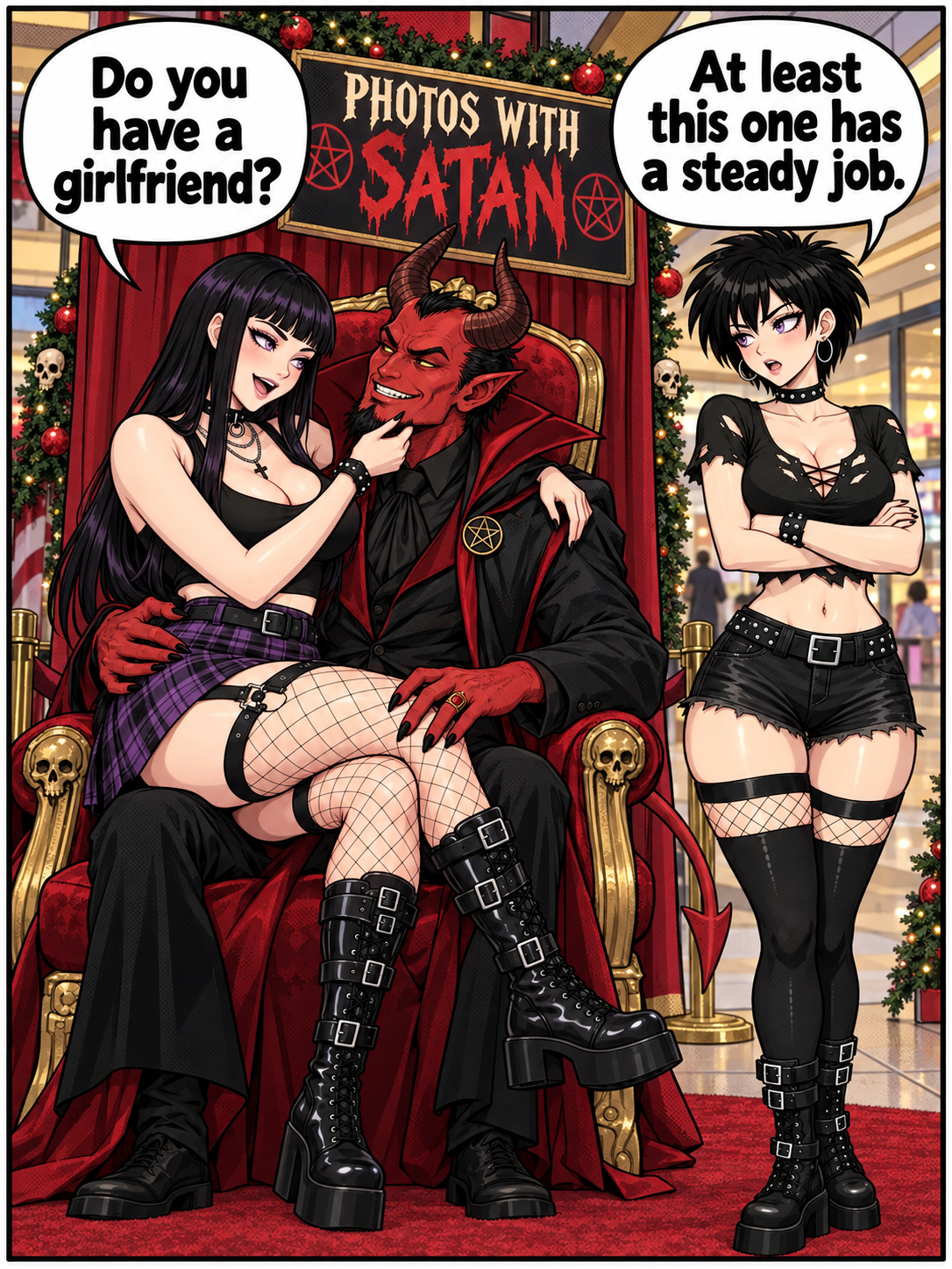 A goth girl with long black hair sits on a red-skinned horned devil's lap at a "Photos with Satan" mall kiosk decorated for Christmas; another goth girl with short spiky hair stands beside them with arms crossed.