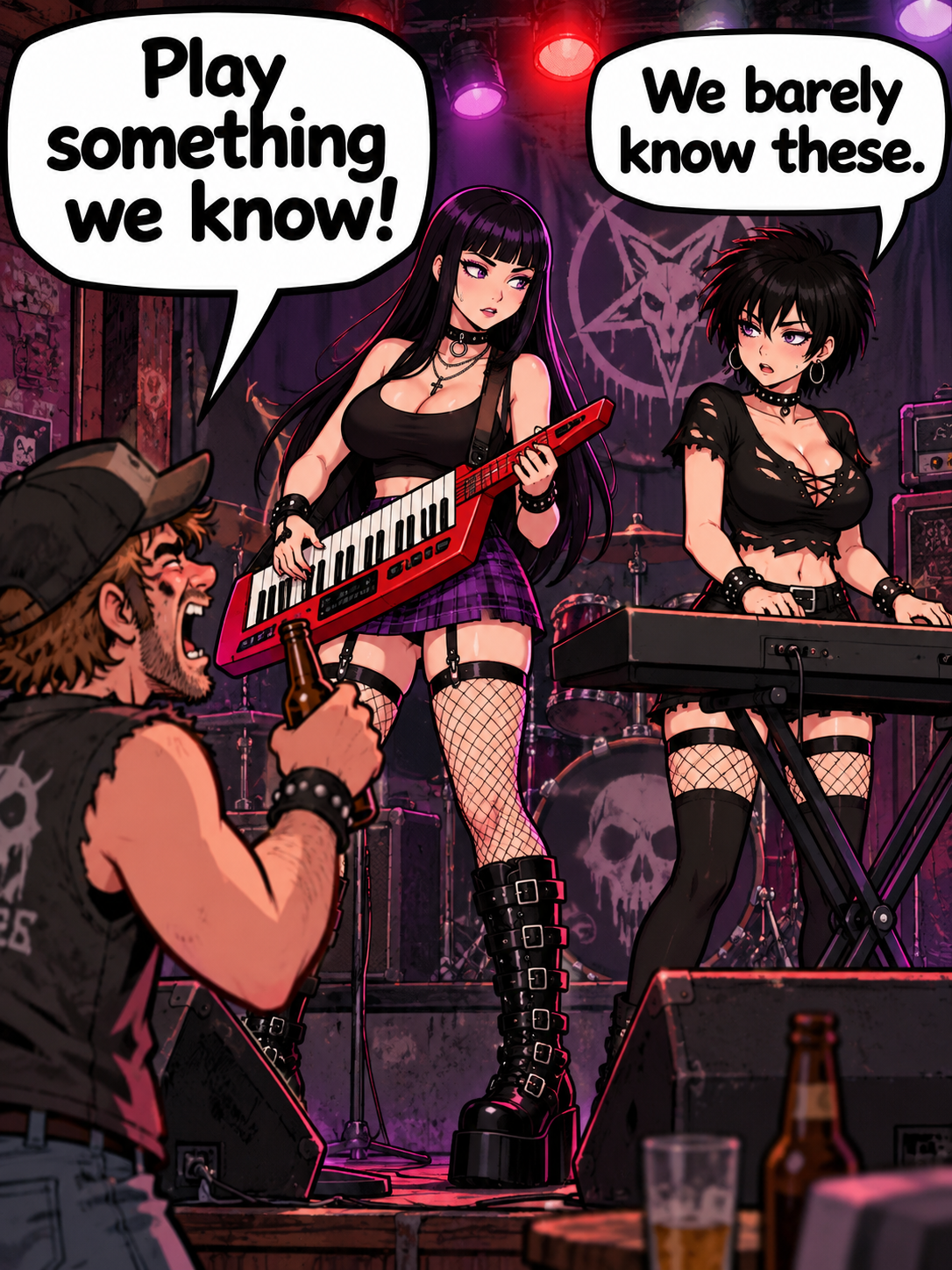 Single-panel anime comic: two goth girls, one with long black hair playing a red keytar and one with short spiky black hair at a keyboard, perform on a dark stage with a pentagram backdrop while a drunk man in the crowd shouts 'Play something we know!' and the short-haired girl replies 'We barely know these.'