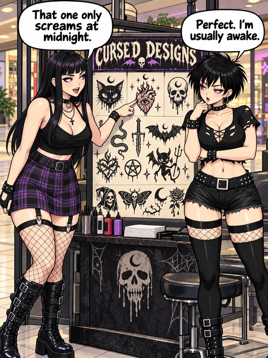 Raven and Suzie at a mall tattoo kiosk called Cursed Designs; Raven points at a flash design of a dripping tattoo while Suzie watches