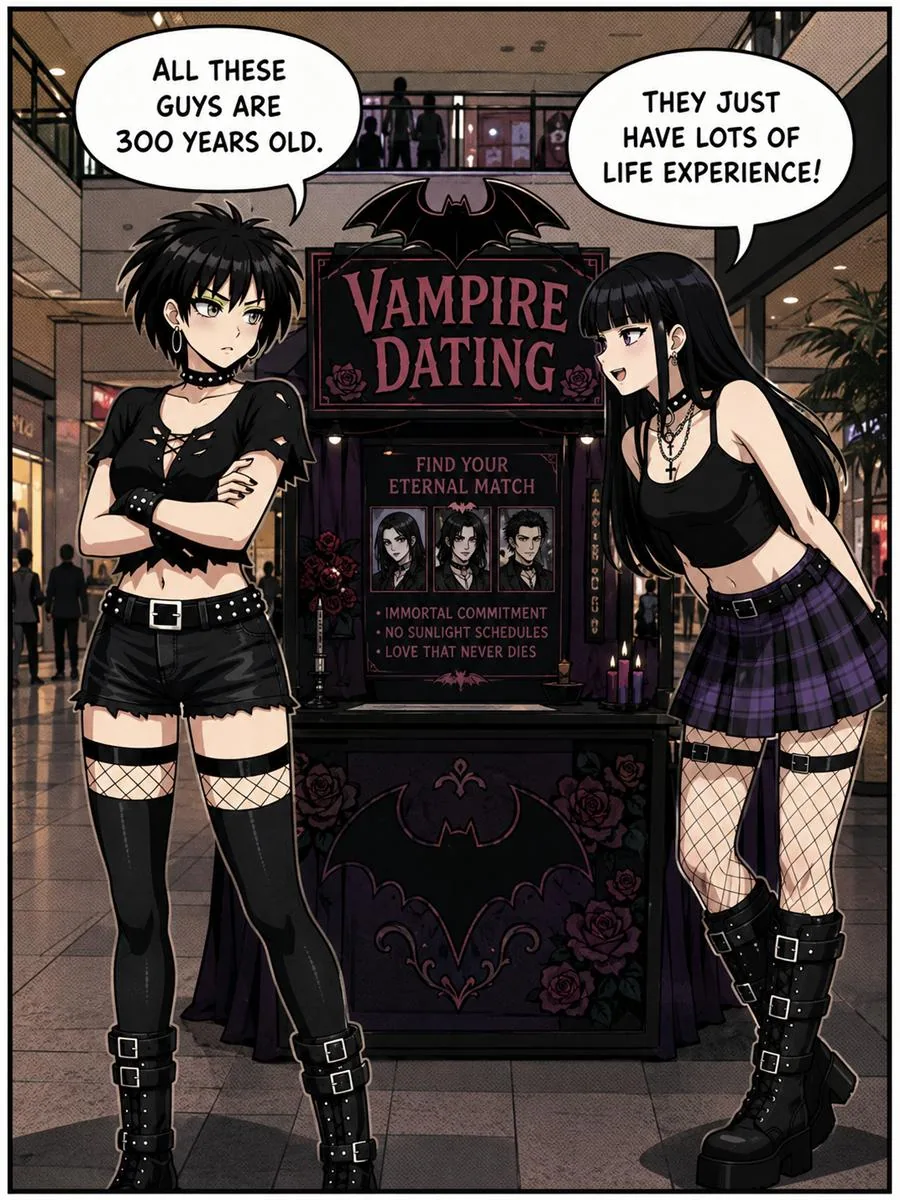 Vampire Dating comic artwork with gothic mall characters